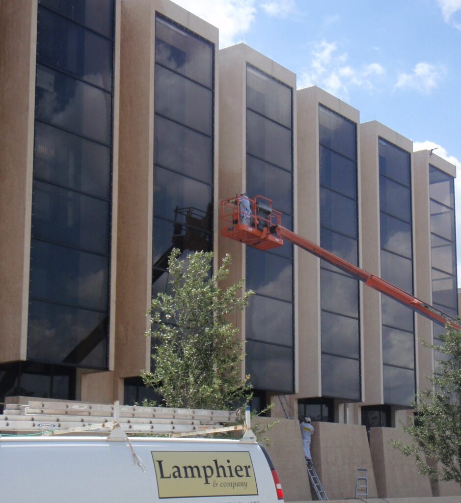 Boom van at Seminole Courthouse for waterproofing, demonstrating commercial waterproofing project.